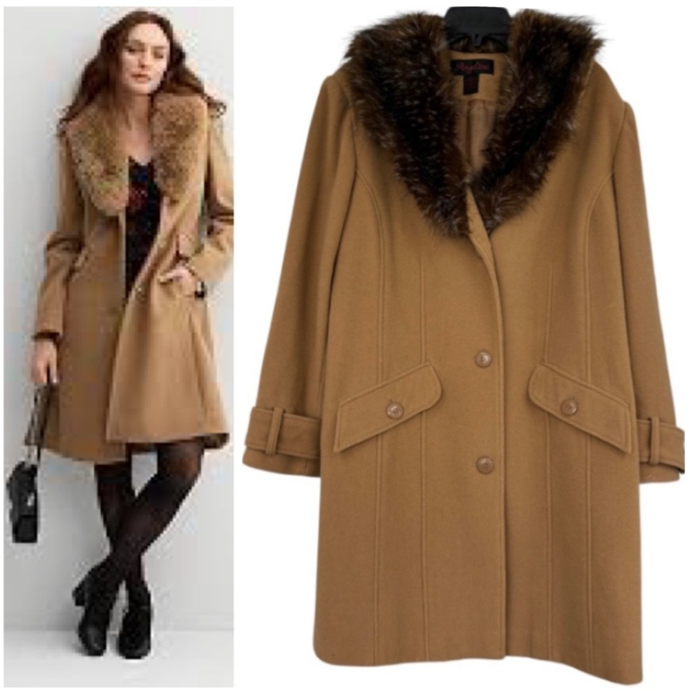 Vintage Wool Coat Penny Lane Fur Collar Pea Coat Mid Length Luxury Dress Camel